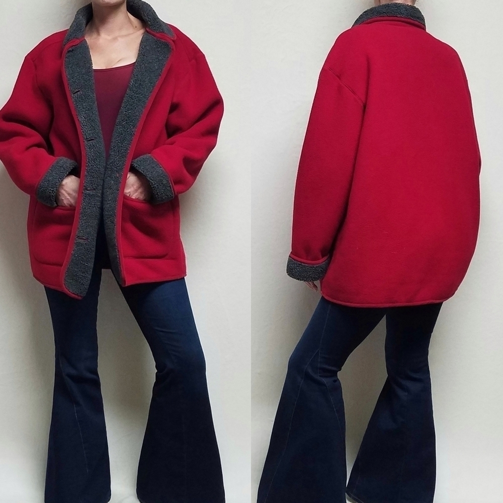 Thick Vintage 90s Fu Da Red Fleece Gray Sherpa Lined Button Up Winter Coat XL